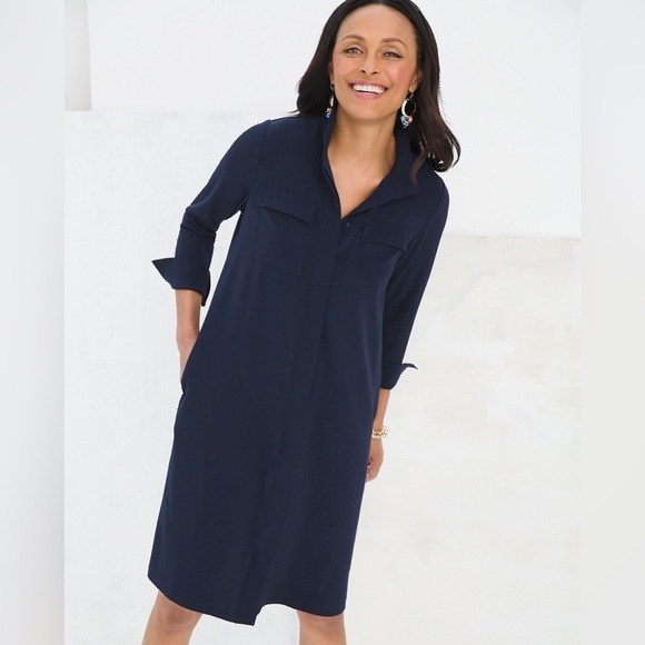 Chico’s Navy Button Cuff Shirt Utility Dress Medium - Picture 1 of 14